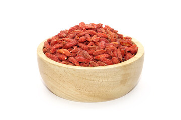 Goji berry in wooden bowl isolated on white background