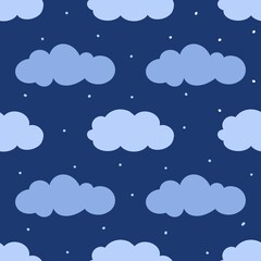 Pattern with blue clouds in hand drawing style on dark sky.