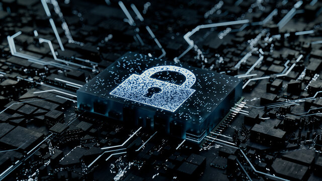 Security Technology Concept with lock symbol on a Microchip. Data flows from the CPU across a Futuristic Motherboard. 3D render.