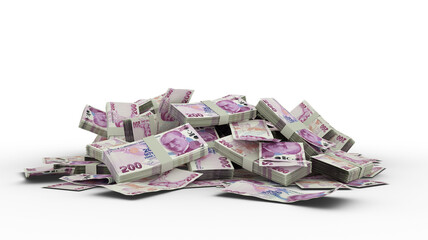 3D Stack of 200 turkish lira notes isolated on white background