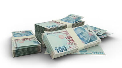 Obraz na płótnie Canvas 3D Stack of 100 turkish lira notes isolated on white background