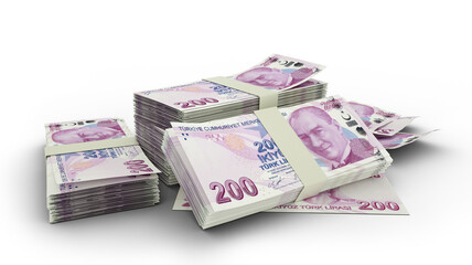 3D Stack of 200 turkish lira notes isolated on white background