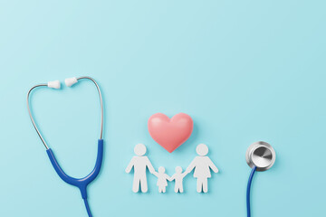 Top view of medical stethoscope and icon family with heart symbol on cyan background. Health care insurance concept. 3d rendering
