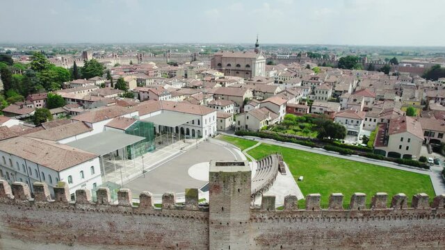 4K drone view of the medieval walled city Cittadella in the Veneto region. 