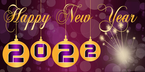2022 new year greeting card with hanging golden balls and fireworks