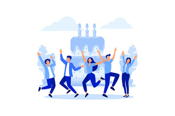 little people celebrate corporate at work standing near a big cake, organize solemn events, catering agency, marketing agency. flat vector illustration 