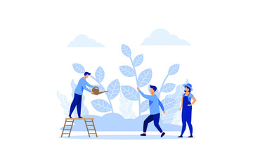 small people prepare for the holiday, save the planet from pollution, grow a plant, World Environment Day, Bio Technology flat vector illustration 