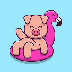 Cute pig wearing inflatable flamingo swimming balloon cartoon icon illustration