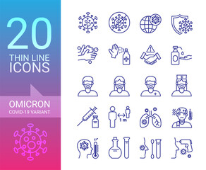 Omicron Covid 19 virus Variant line icon set. Corona virus protection outline icons. Corona virus prevention. Health and medicine.