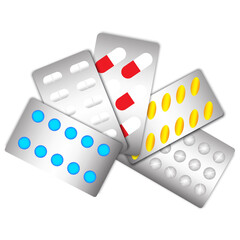 Pills in blister. Colored elements. Pharmaceutical background. Medicine healthcare. Vector illustration. Stock image. 