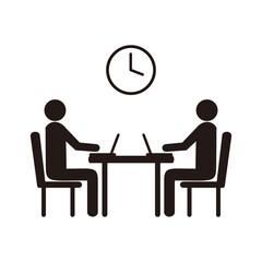 Two people working with laptops silhouette icon. Coworking zone. Office job.