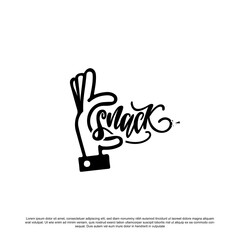 Creative delicious snack logo design. Hand with snack lettering vector