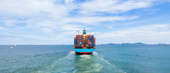 Container ship leaving the industrial seaport, Global business Import export, Company business...
