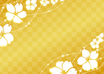 桜の花と市松模様の金色の背景素材