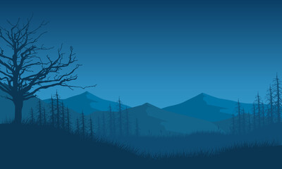 Magnificent view of mountains from tree branches at dusk with silhouettes of fir trees around