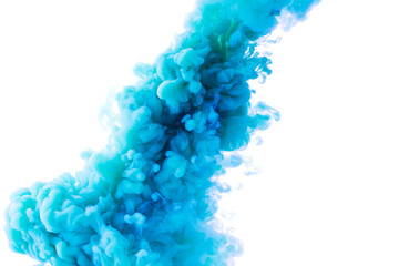 Diagonal splash of blue paint in water against white background.