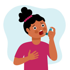 African girl child using asthma inhaler against allergic attack in flat design. Breathing treatment.