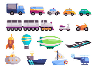 transportation set collection kids fun colorful toys ship boat car bike motor cycle train van helicopter rocket balloon