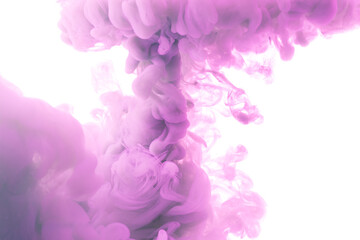Vertical splash of purple paint in water against white background.