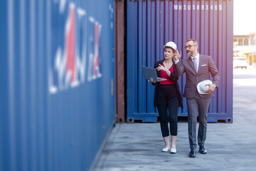 Business man working with women team or secretary in port cargo logistics industry - obrazy, fototapety, plakaty