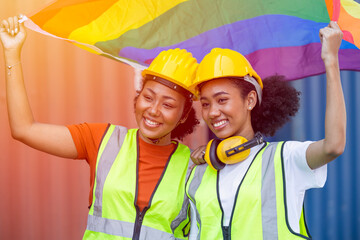 women worker with LGBTQ flag for transgender and sexual diversity people campaign