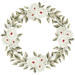Spring flowers wreath. Isolated clip art element for design of invitations, cards. Arrangement of pink and white wildflowers in the form of a wreath.