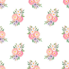 Spring flowers seamless pattern. Botanical background. Arrangement of pink and white wildflowers.