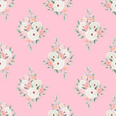 Spring flowers seamless pattern. Botanical background. Arrangement of pink and white wildflowers.