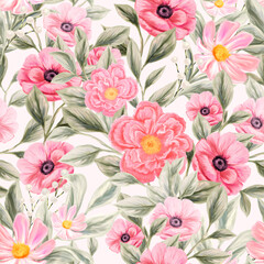 Spring flowers seamless pattern. Botanical background. Arrangement of pink and white wildflowers.
