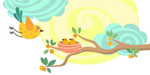 The mother bird flies to her children in the nest. Vector illustration, white background.