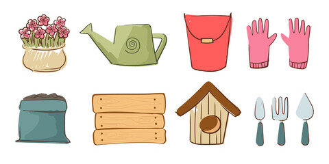 Collection of garden tools and plants. Gardening or horticulture concept. Design elements for print, packaging or stickers. Vector illustration.