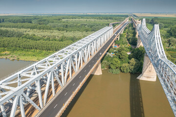 Cernavoda Bridge over Danube. Aerial view of this landmark construction in Romania on A2 highway between Bucharest and Constanta. Photo taken after the road has been repaired. Construction industry.