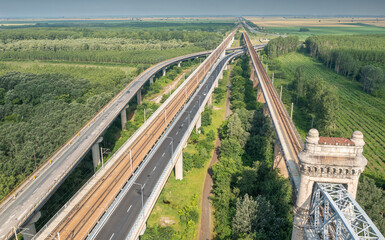 Cernavoda Bridge over Danube. Aerial view of this landmark construction in Romania on A2 highway between Bucharest and Constanta. Photo taken after the road has been repaired. Construction industry.
