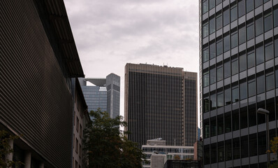 Financial district of Europe in Frankfurt, Germany. Tall skyscraper office buildings photographed in a cloudy day. Business and finance industries.