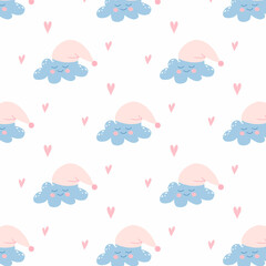  Vector seamless pattern with cute cloud and hearts. Childish pattern with a cloud in a cap. Good night pattern.