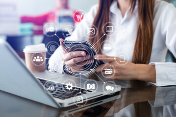 Digital marketing media social network, mobile app in virtual icon diagram. and business using on smartphone and tablet as concept.