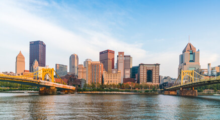 pittsburgh,pennsylvania,usa : 8-21-17. pittsburgh skyline at sunset with reflection in the water.