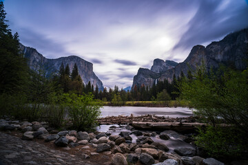 view of El Capital and Cathedral cliff with river foreground,Yosemite National park,California,usa...