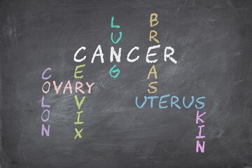 Common types of cancer in females colon lung cervical breast uterine ovarian and skin cancer texts in crossword pattern. Blackboard background.