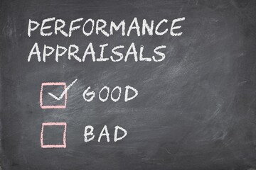 Performance appraisals good or bad check boxes on blackboard background. 