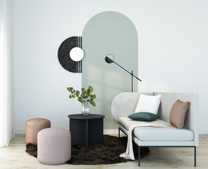 home interior living room with light grey sofa,black coffee table,pink stool,orange stool on dark brown fur carpet,floor lamp,arch wall painting and white frame decorate 3d rendering.