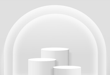 Abstract 3D rendering minimal White cylinder podium studio with a light on the wall. Geometric shape object illustration for banner, poster, and wallpaper. Display and showcase product. copy space.