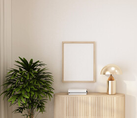 home interior decorate cabinet with table lamp,indoor tree,book,wood frame on white wall 3d rendering.