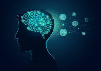 Data and inspiration into the gear brain in man's head. Concept Illustration about creativity and inspiration for a business idea.