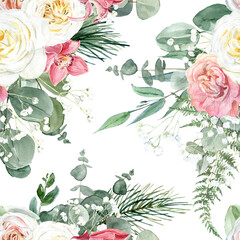 Watercolor floral seamless pattern. Dusty pink, white, roses, peonies, greenery, eucalyptus on a...