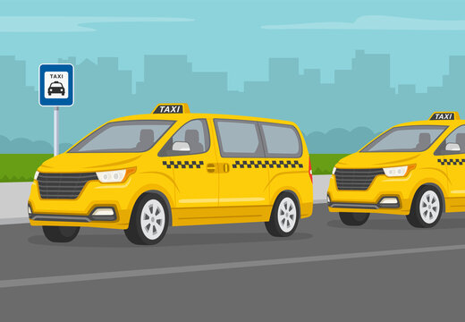City taxi service parking area. Perspective view of a taxi van vehicles. Flat vector illustration template.