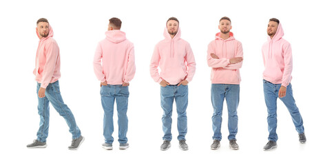 Young guy in stylish hoodie on white background