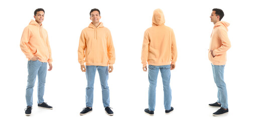 Set of young man in stylish hoodie on white background