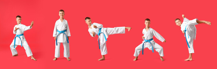 Little boy practicing karate on color background © Pixel-Shot