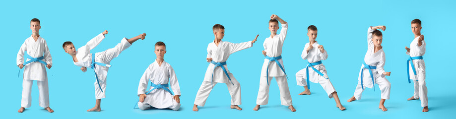 Little boy practicing karate on color background © Pixel-Shot